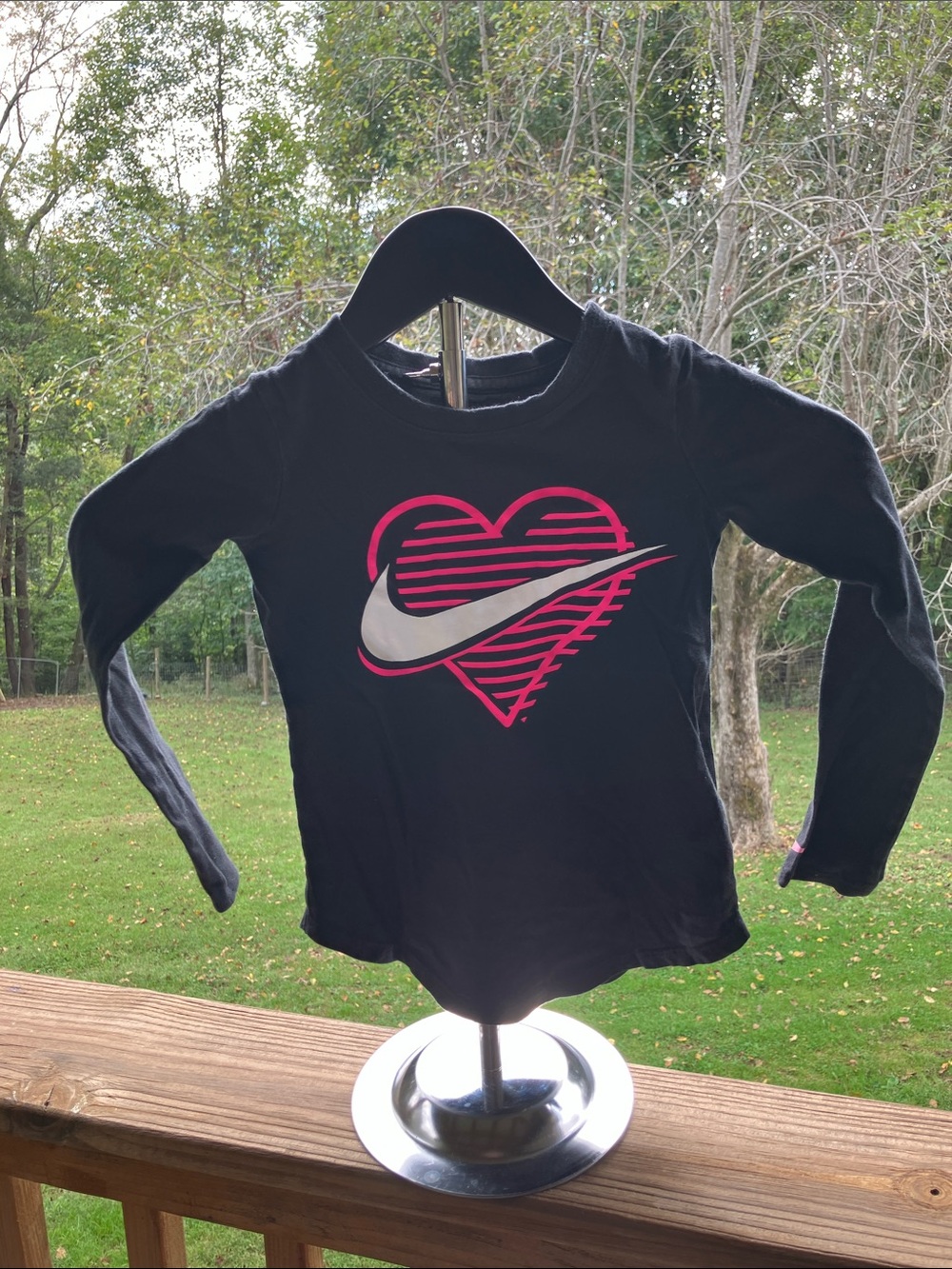Nike Black Long Sleeve Tee with Pink Heart and White Swoosh